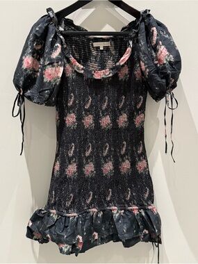 • LoveShackFancy • Violet Rose-Print Puff Sleeve Mini Dress • Size M •